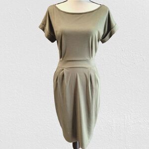 Bokaly olive green maxi dress, short sleeve belted, pockets size M